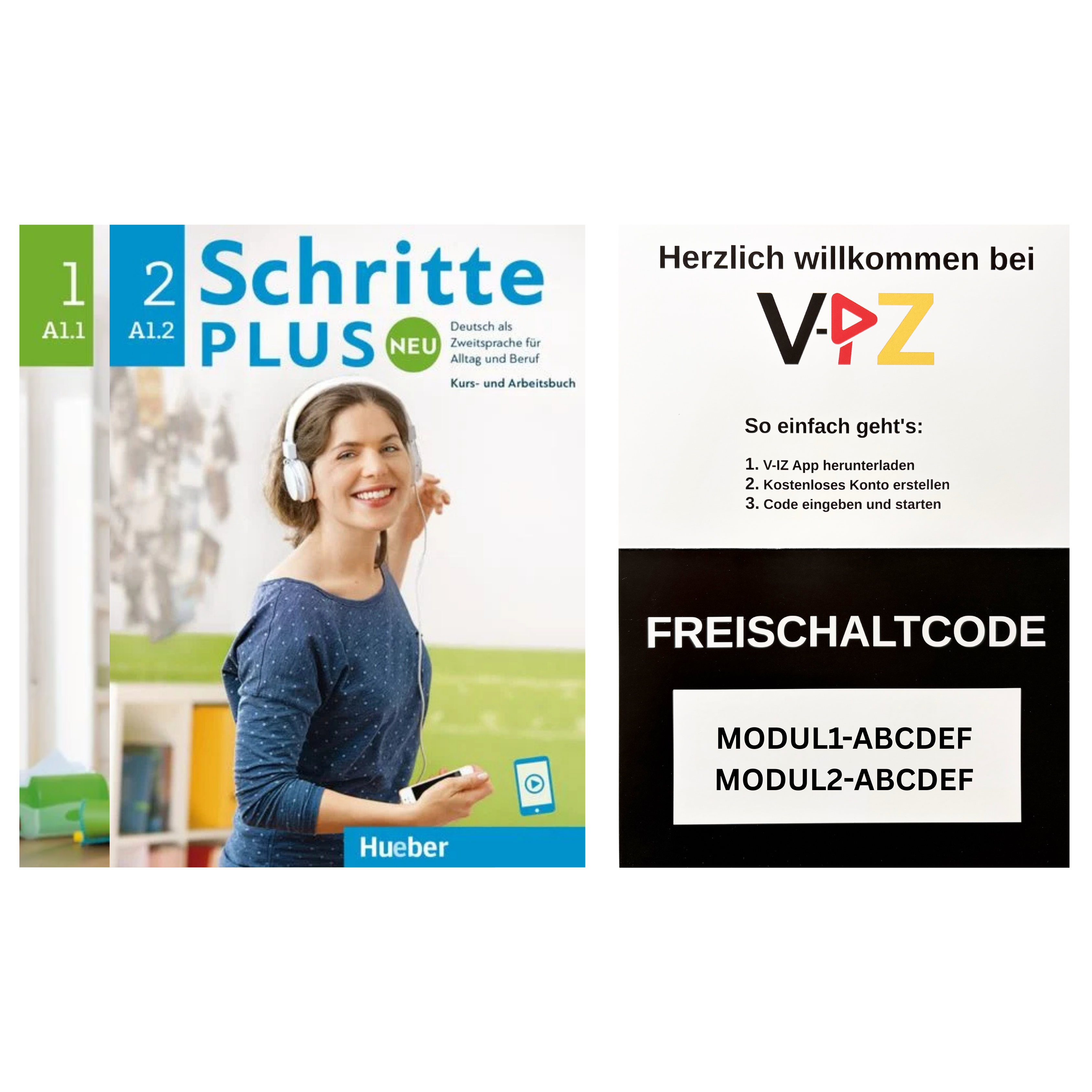 Deutschkurs A1 Paket – Schritte plus Neu 1 & 2 Kursbuch (Hueber) + Videokurs Zugangscode | V-IZ