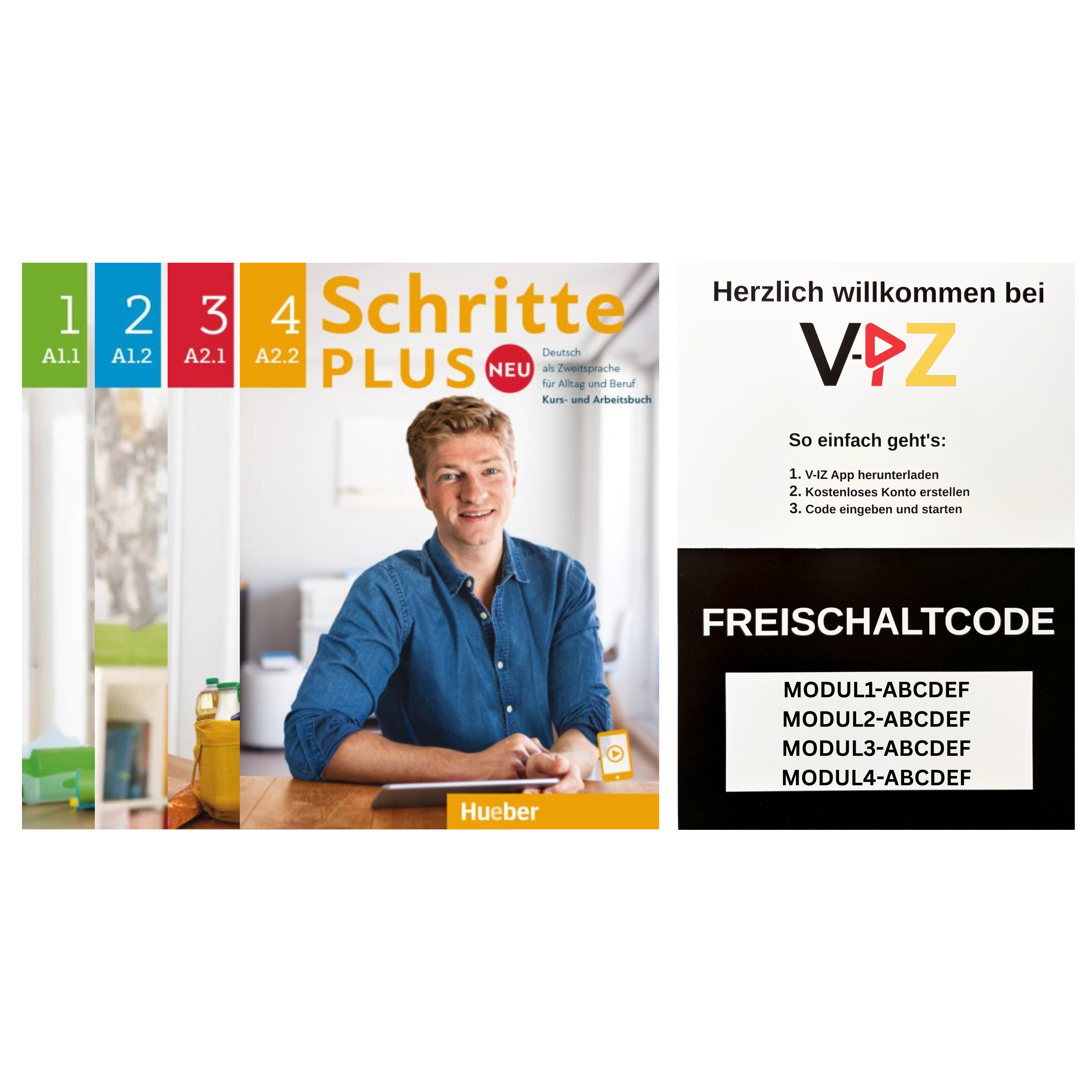 Deutschkurs A1 & A2 Paket – Schritte plus Neu 1 - 4 Kursbuch (Hueber) + Videokurs Zugangscode | V-IZ