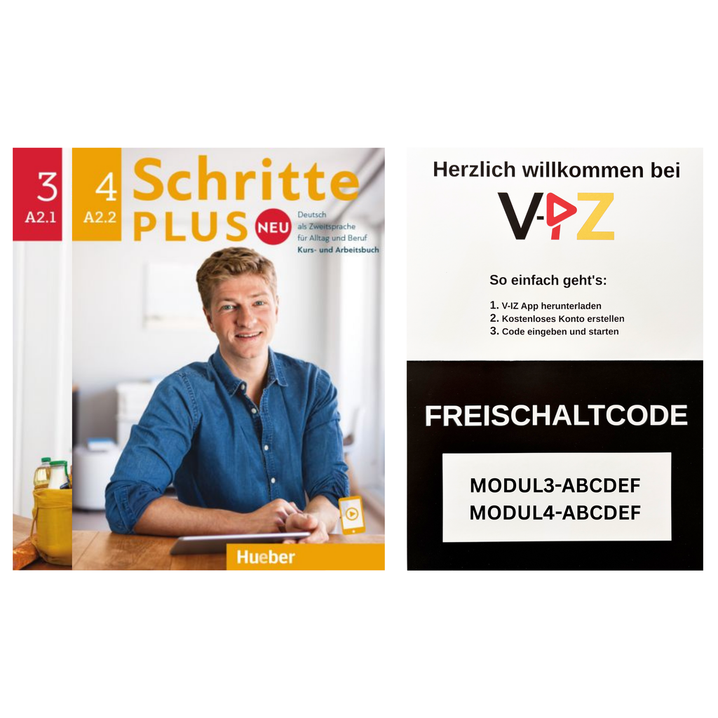 Deutschkurs A2 Paket – Schritte plus Neu 3 & 4 Kursbuch (Hueber) + Videokurs Zugangscode | V-IZ